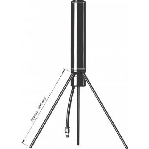 Cylindrical antenna with three rods, cable, and connector. Approx. height 500 mm.