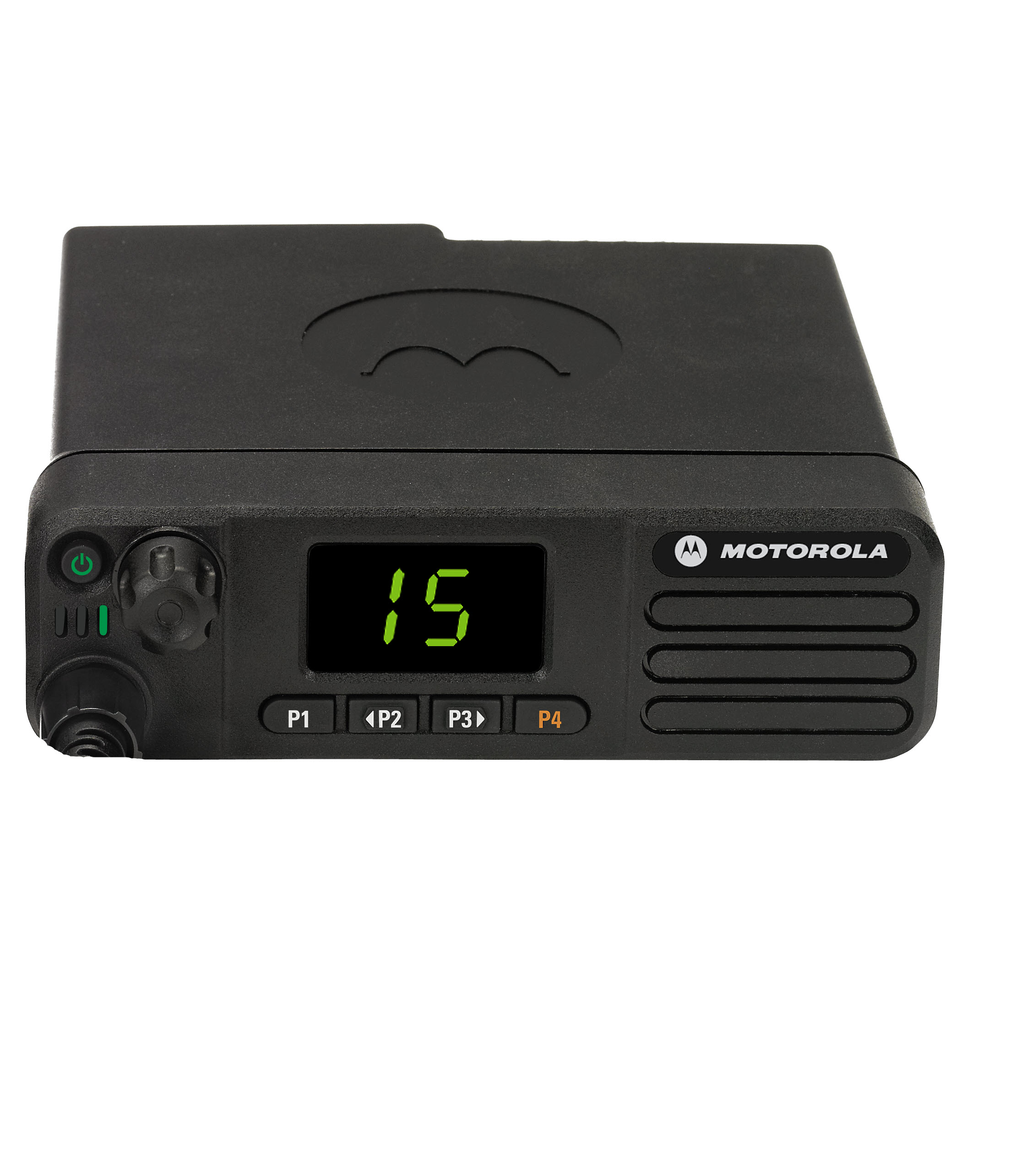 7000_00754231_MOT_01.jpg Black radio device with display showing 15, knob, and buttons.