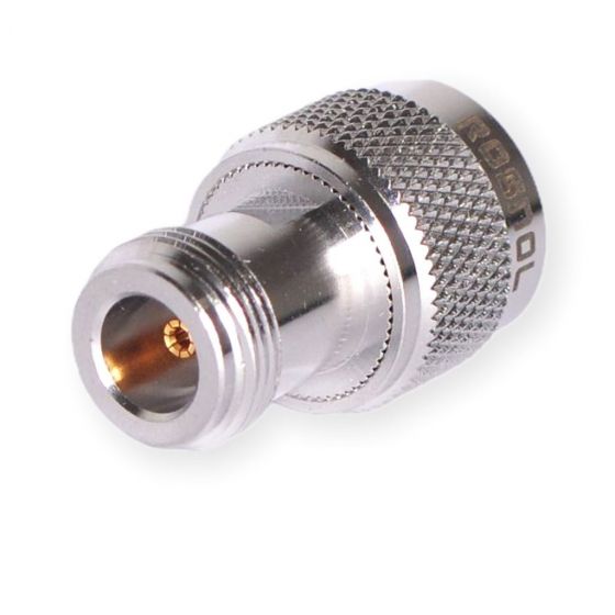 Metal adapter with a knurled end and a threaded connection.