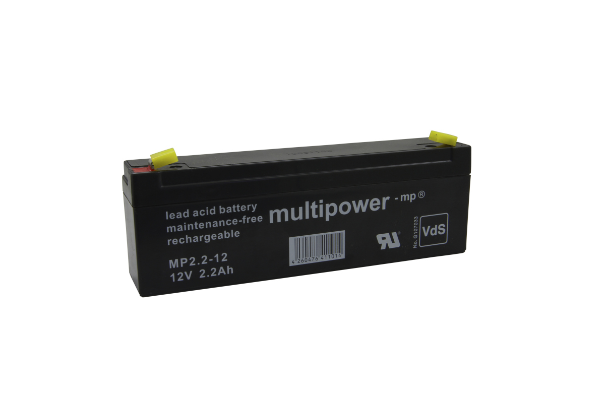 Maintenance-free lead-acid battery, rechargeable, 12V 2.2Ah, black.