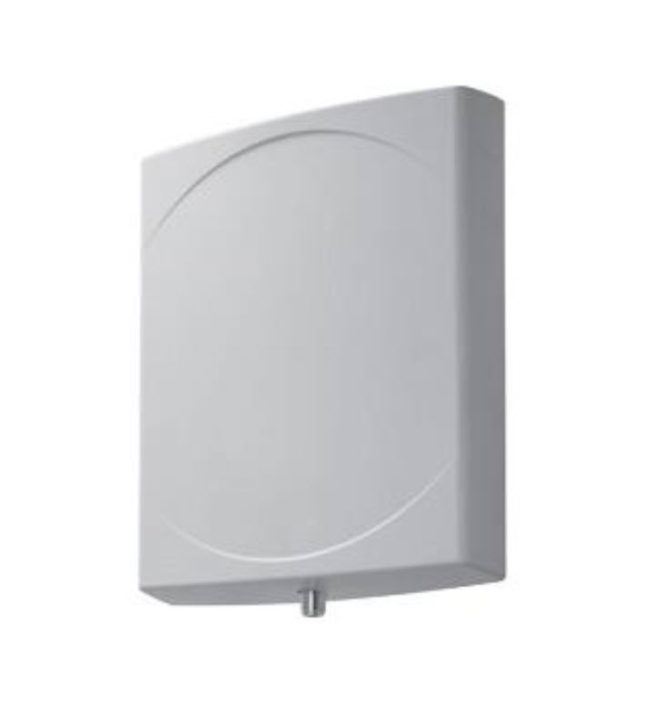 Quadratische, graue Antenne mit abgerundeten Ecken und Anschluss unten.