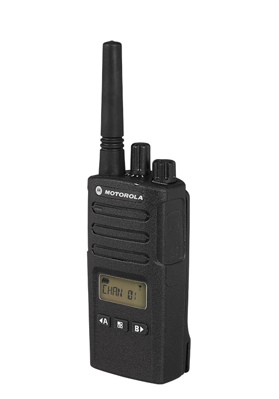 Black walkie-talkie with antenna and digital display.