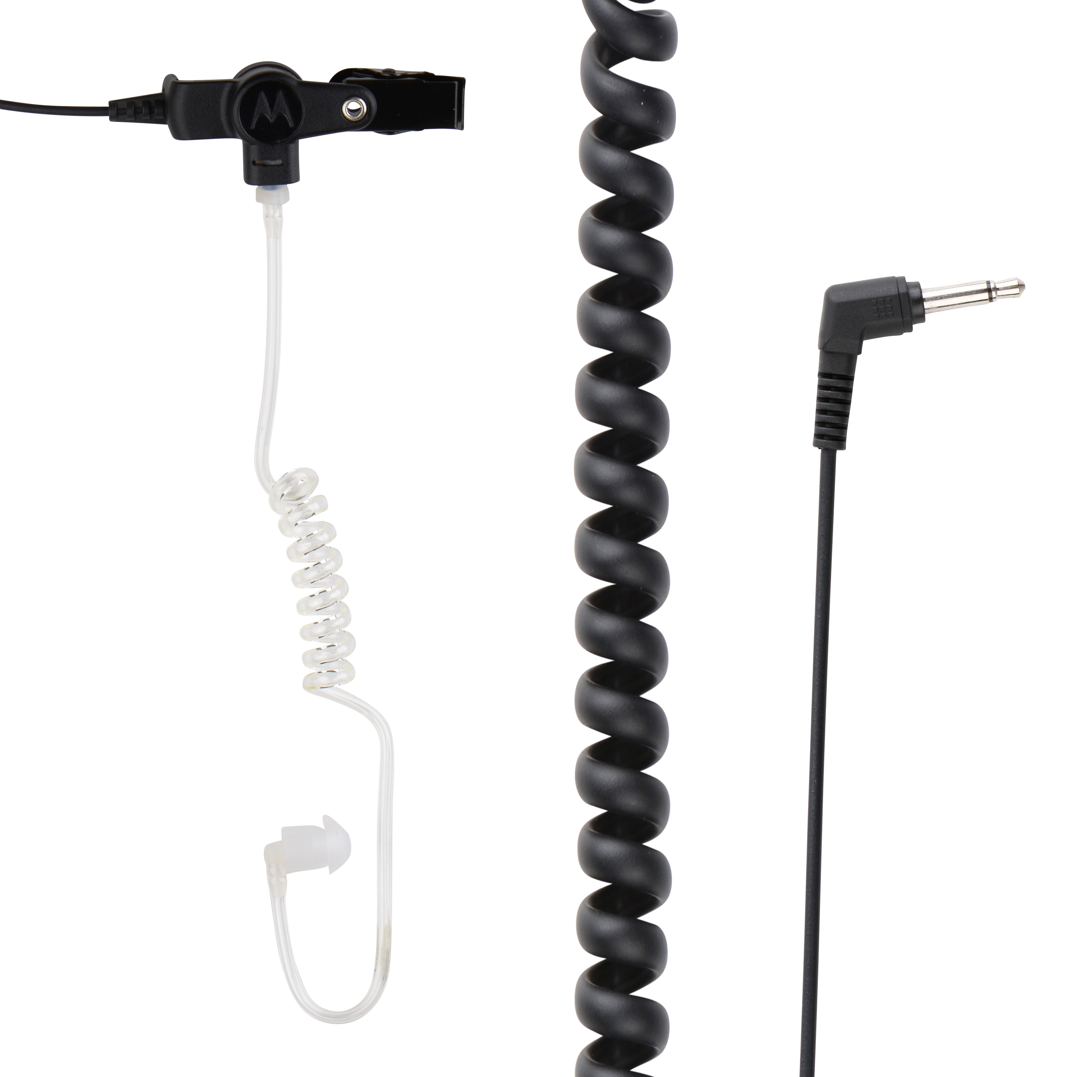 Schwarzes Spiralkabel mit 3,5-mm-Stecker und Ohrhörer mit Clip.