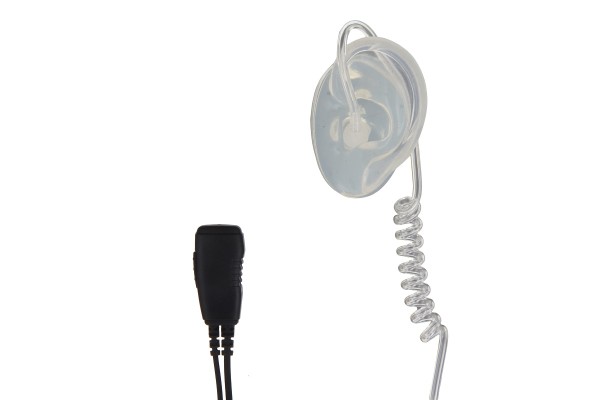 Ohrhörer mit durchsichtiger Spiralleitung und schwarzem Stecker.