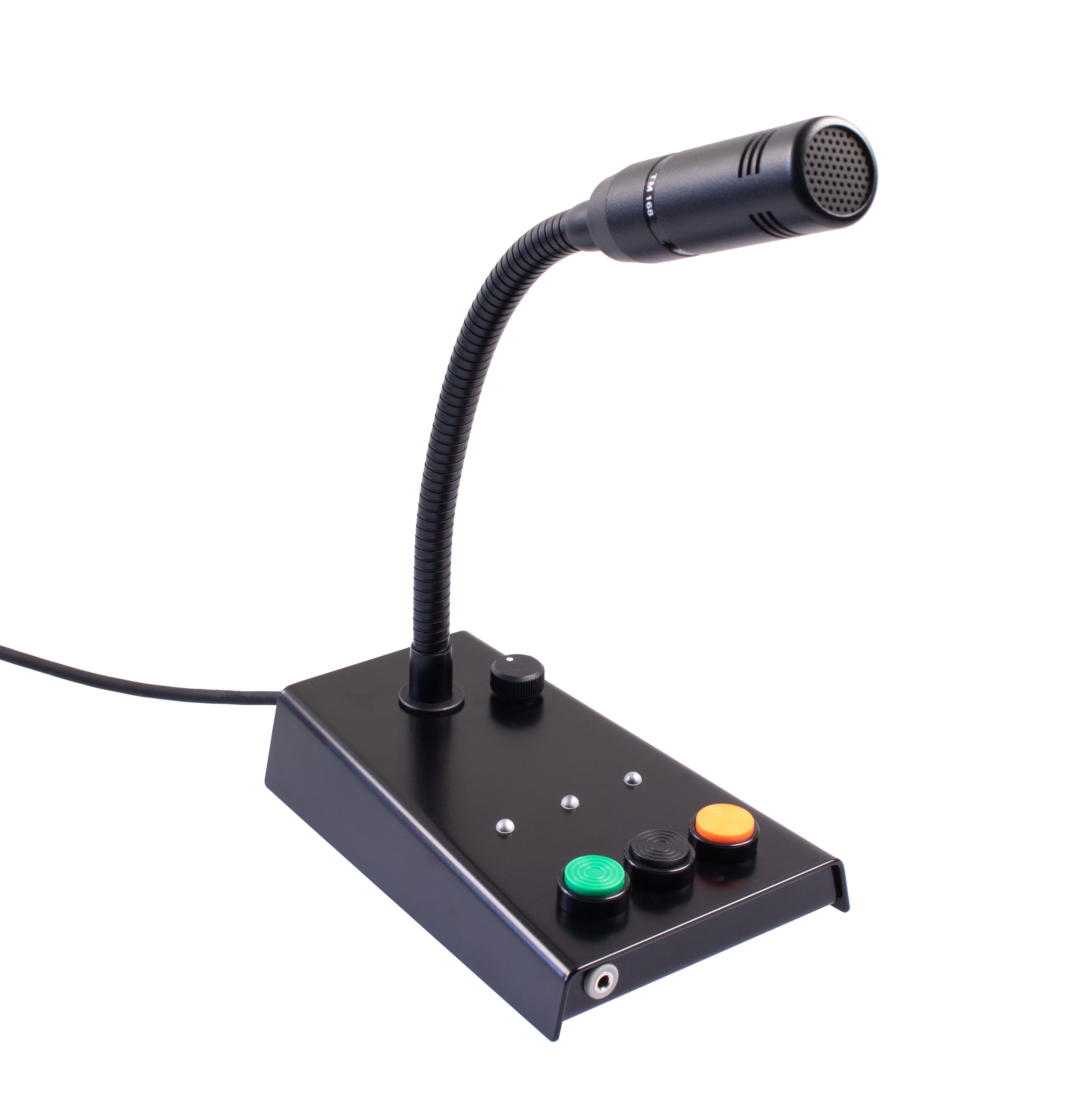 Black tabletop microphone with flexible stand and colored buttons.