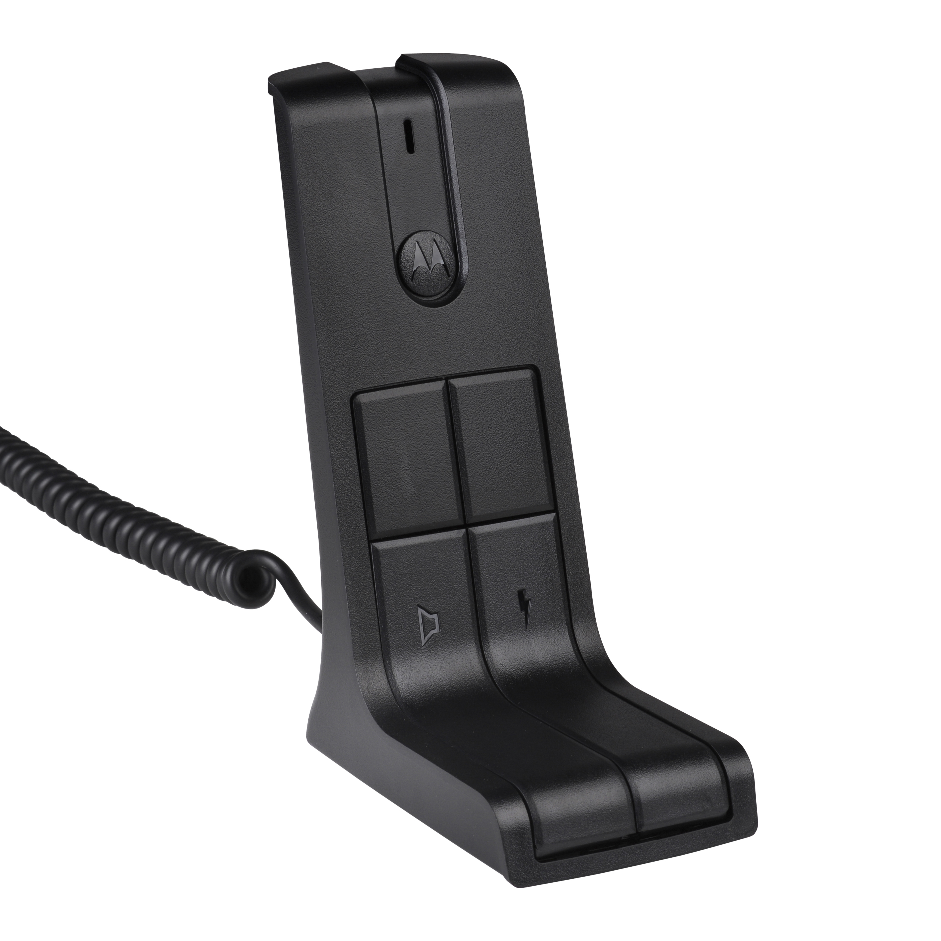 Black wired telephone handset cradle with volume and mute buttons.