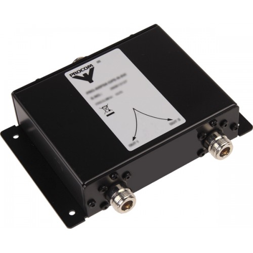 Schwarzer HF-Filter mit zwei Anschlüssen und Aufkleber mit Infos.