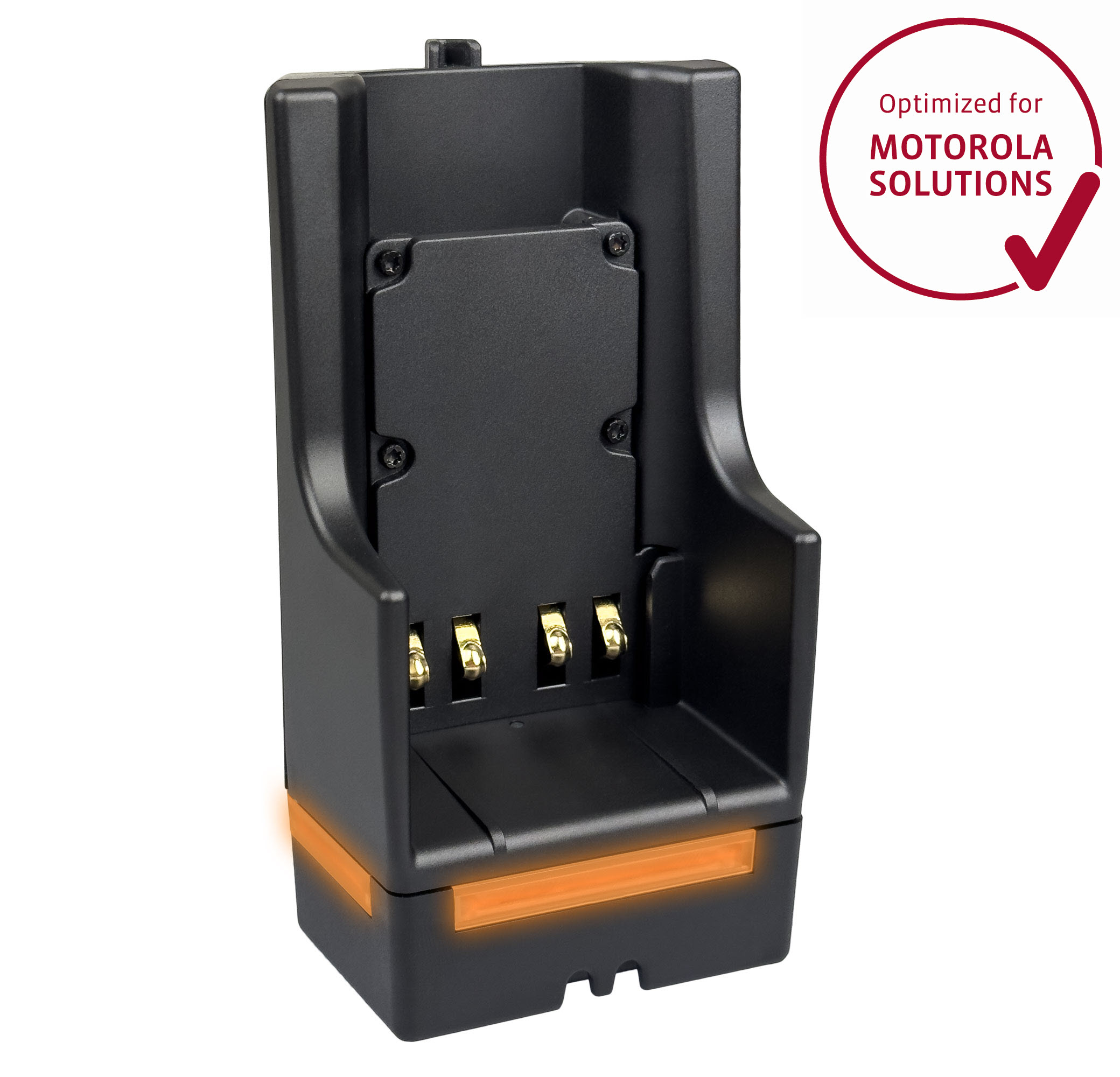 Black-orange charger for Motorola. Four metal contacts inside.