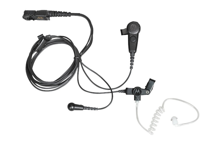 Black earpiece headset with cable, microphone, and transparent earplug.