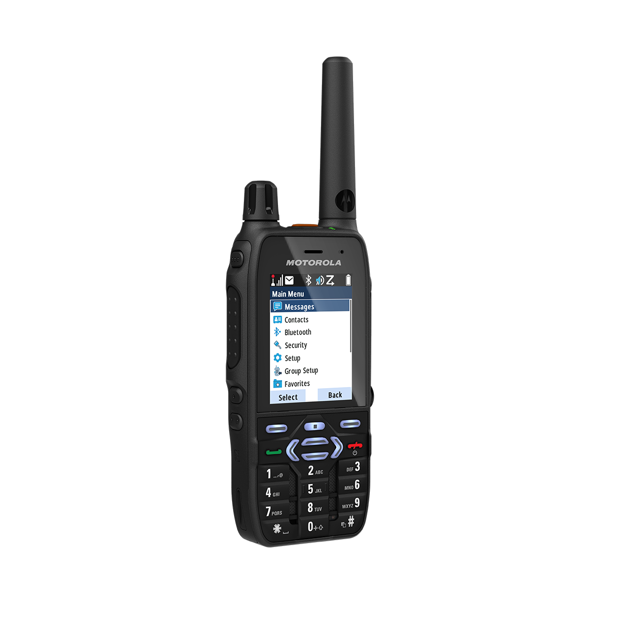 Portable radio with antenna, screen displays menu options.