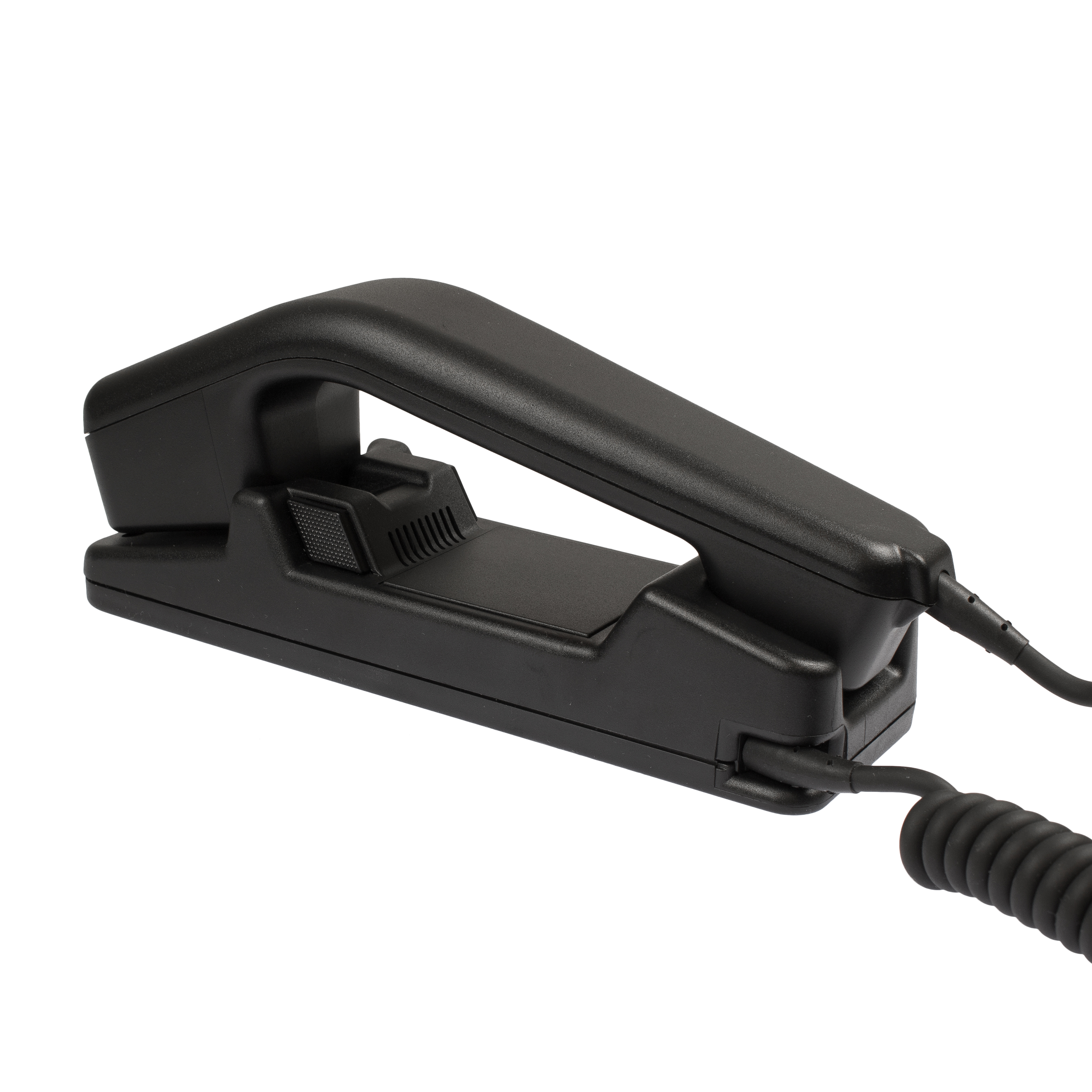 Schwarzer Telefonhörer mit Kabel, liegt auf Dockingstation.