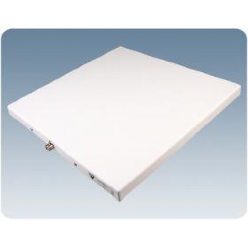 White square antenna with L-mount on a blue background.