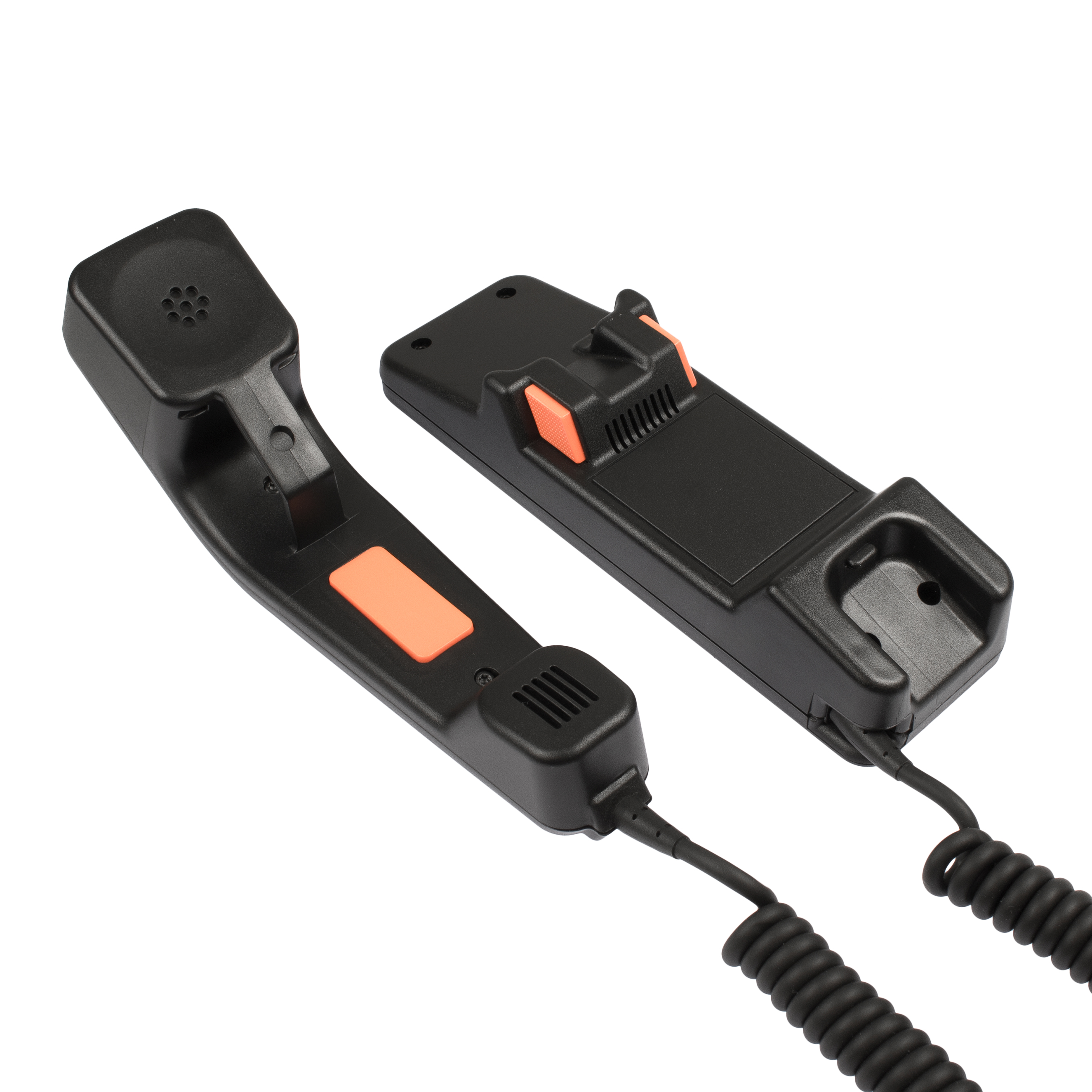 Schwarzer Telefonhörer mit orangenen Tasten separat vom Basisteil.