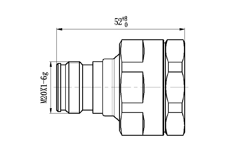 Technical drawing of a hex nut with dimensions 52 and M20X1.