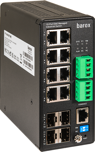 Industrial switch with 12 Ethernet ports and two green terminal blocks.