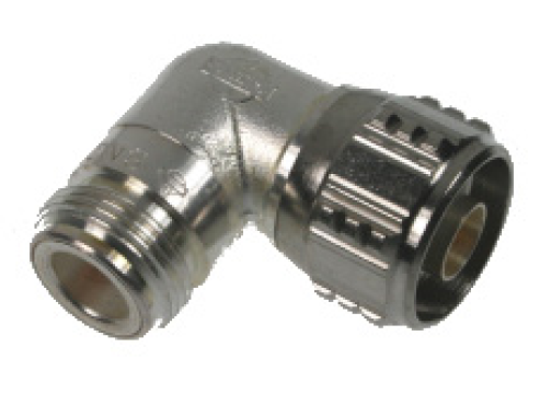 Metall-Winkelverbinder mit Gewinde und geriffelter Oberfläche.