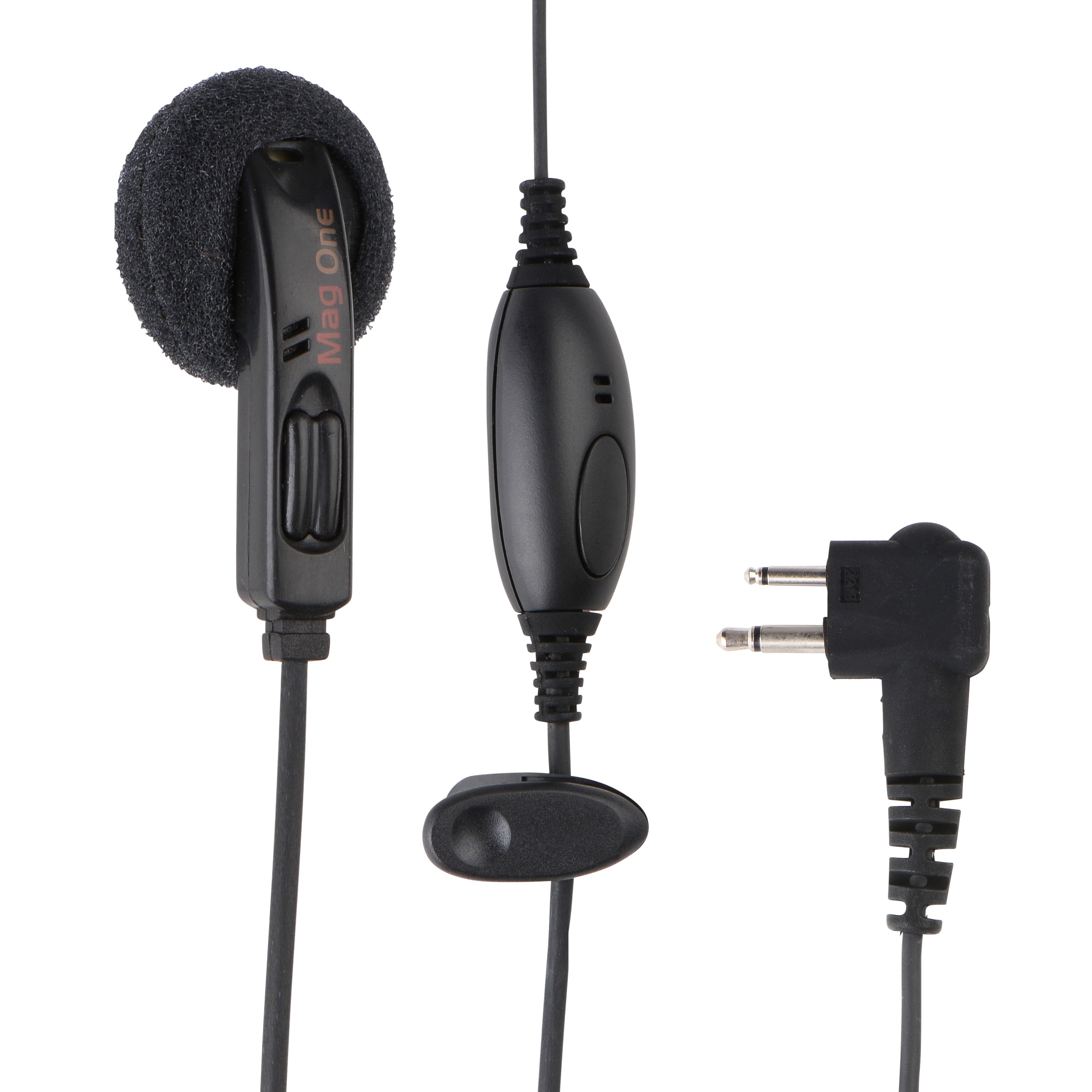 Schwarzer Ohrhörer mit Mikrofon und 3,5-mm-Stecker.