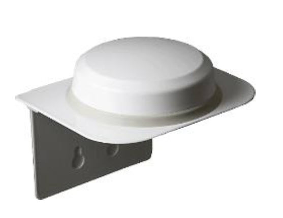Wall mount with white round cover on rectangular metal plate.