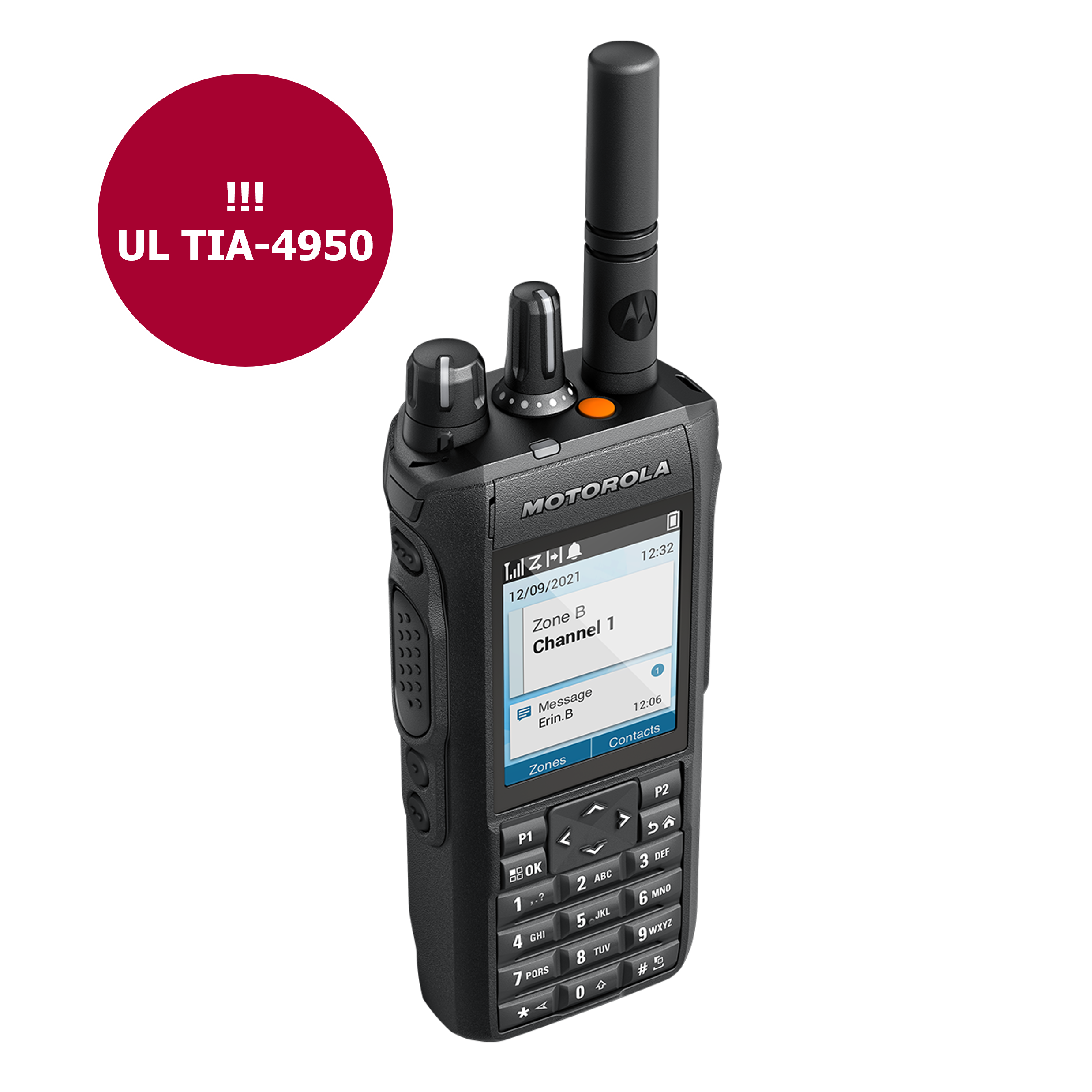 Schwarzes Handfunkgerät mit Display, Tastatur, Antenne und dem Hinweis UL TIA-4950
