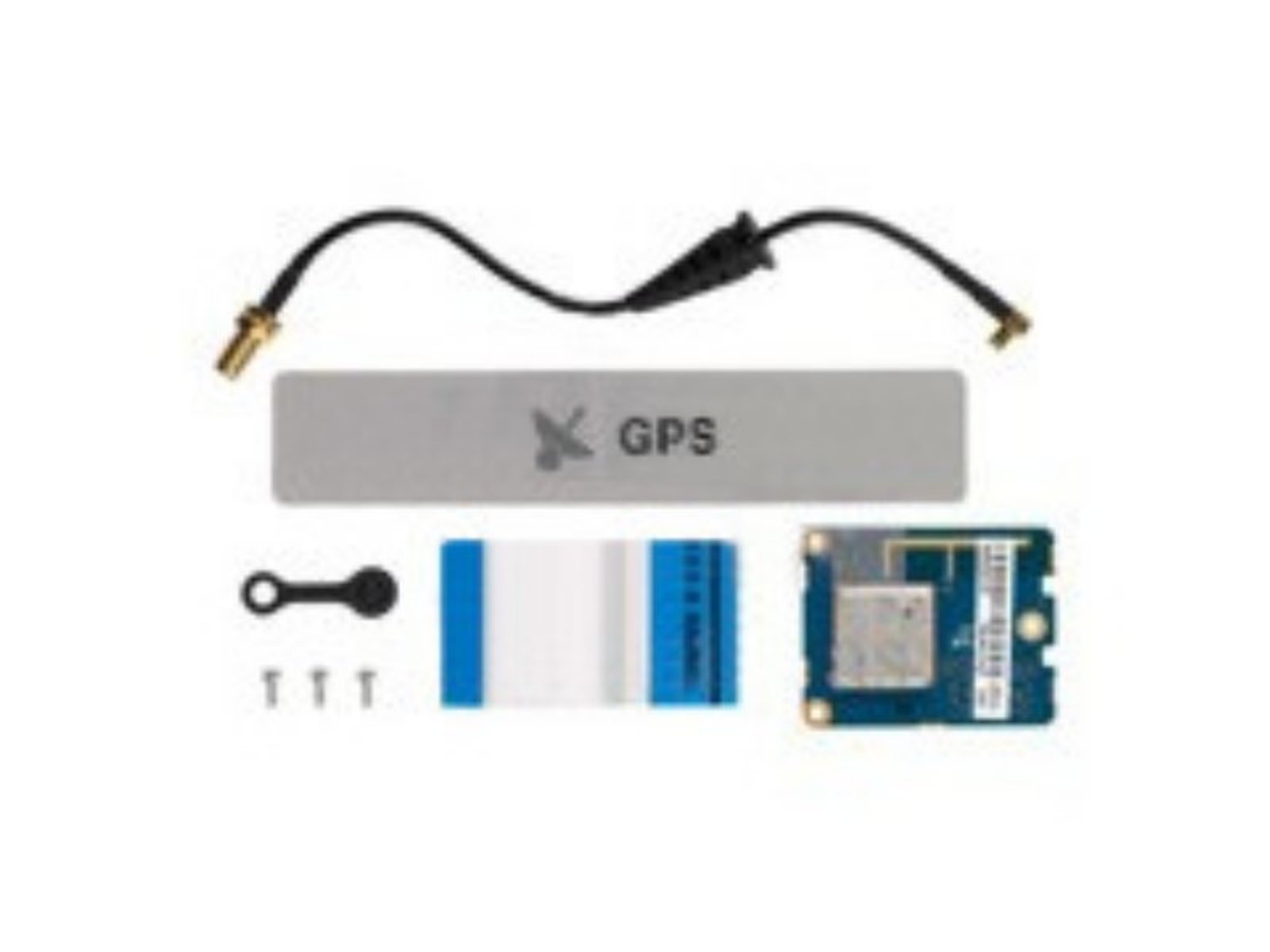 GPS-Antennenset mit Kabel, Modul und Zubehörteilen auf weißem Hintergrund.
