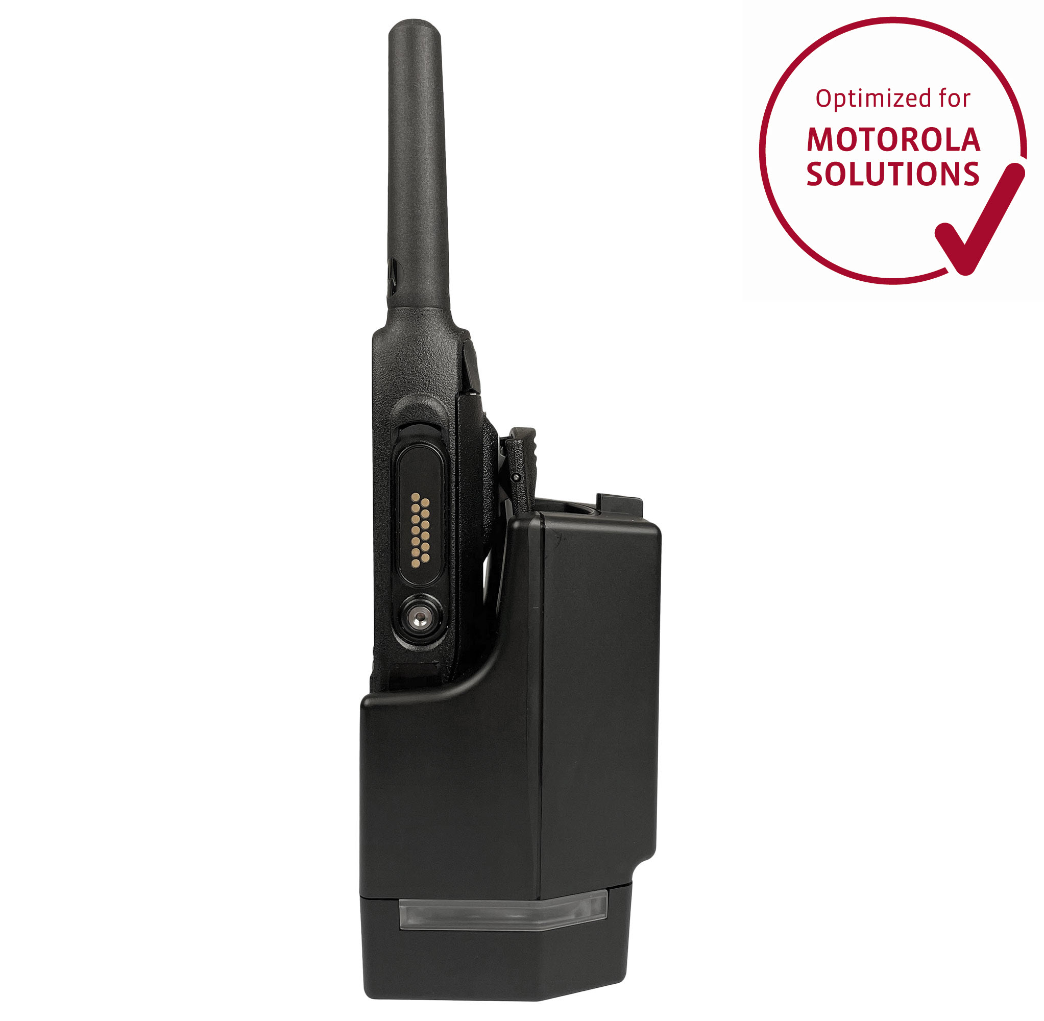 Seitenansicht eines Funkgeräts mit Motorola-Optimierungslogo.