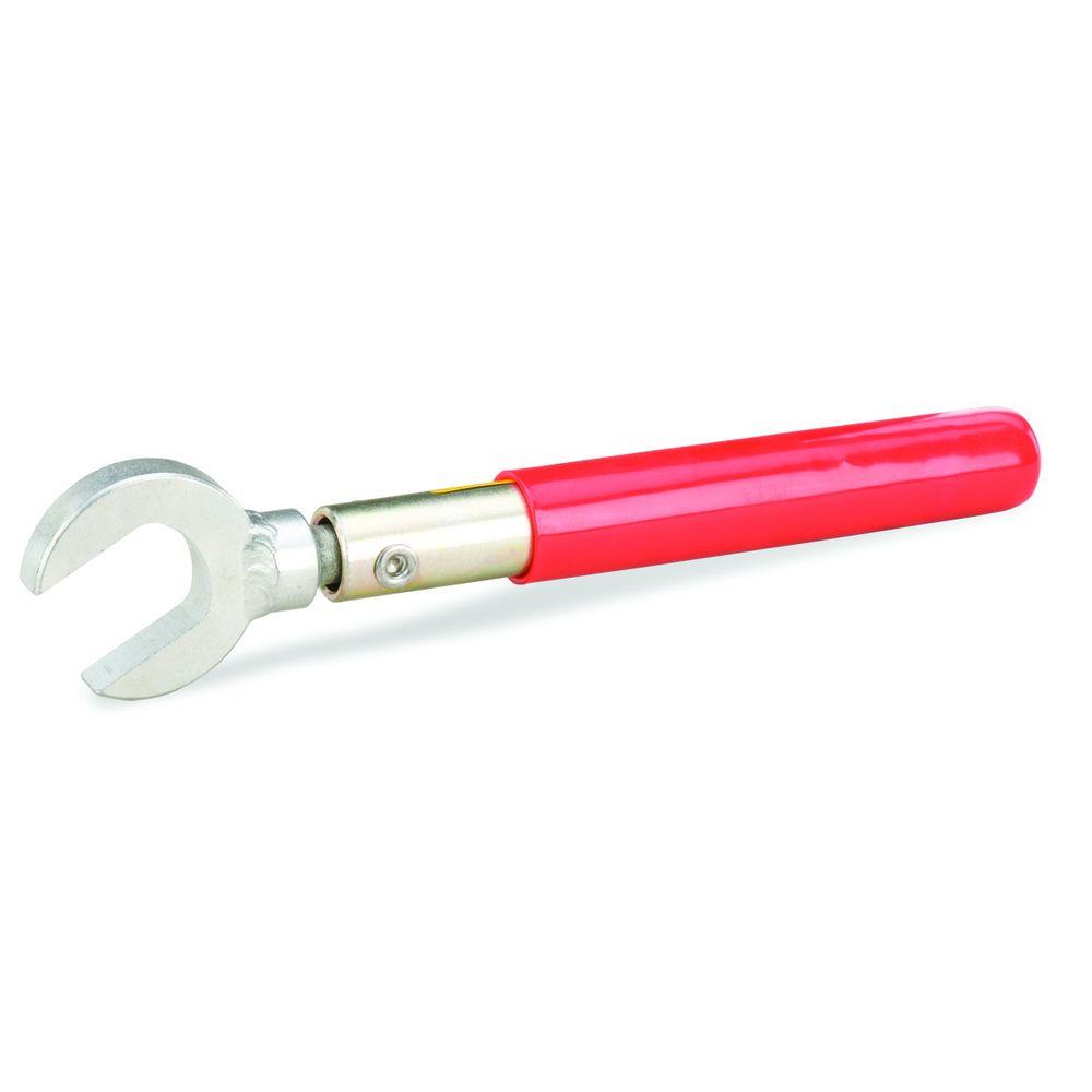 Adjustable hook wrench with red handle.