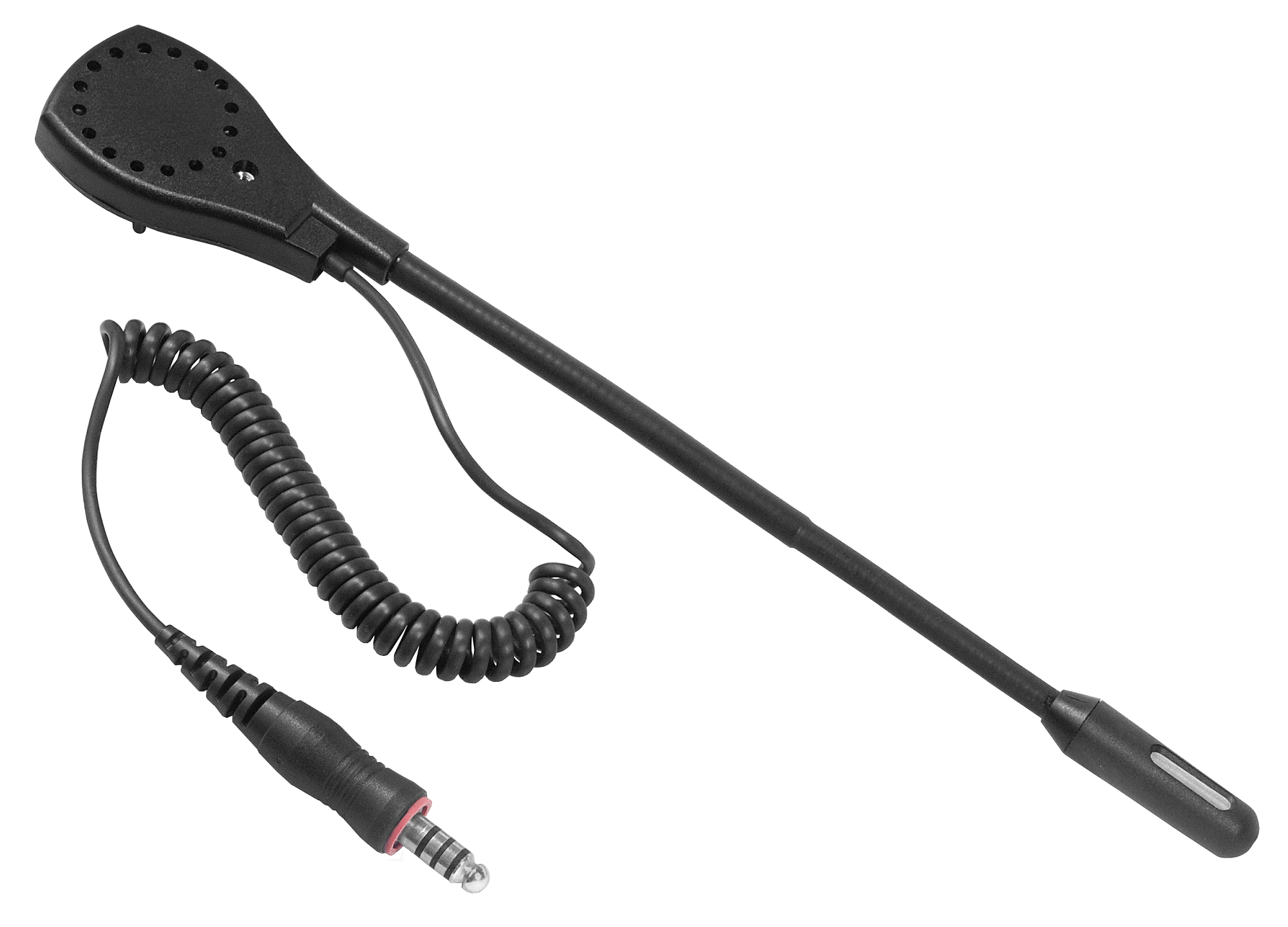 Schwarzes Kabelmikrofon mit Spiralkabel und 3,5-mm-Stecker.