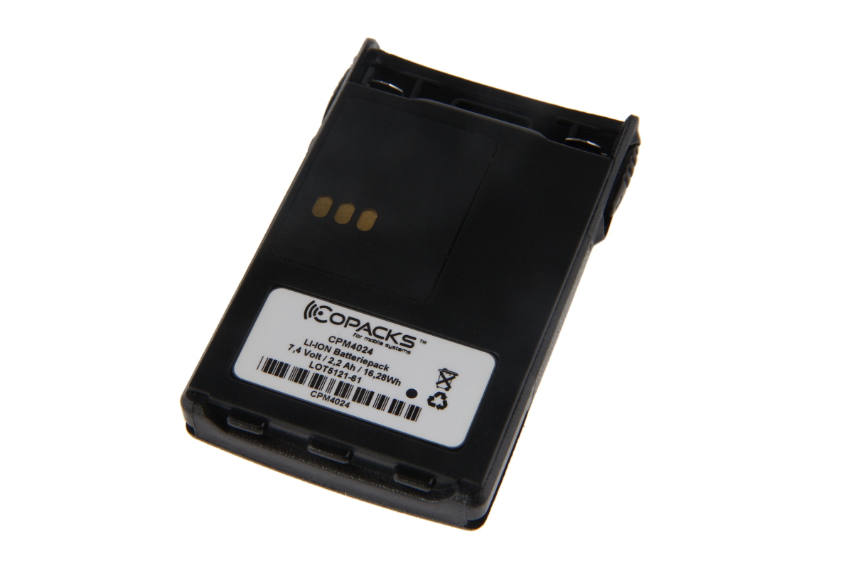 Schwarzes Batteriepack mit weißem Etikett, Beschriftung und Symbolen.