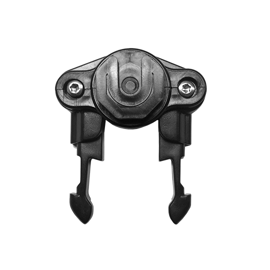 7000_00753676_MOT_01-1.png Schwarze Kunststoffhalterung mit zwei Haken und Schrauben.