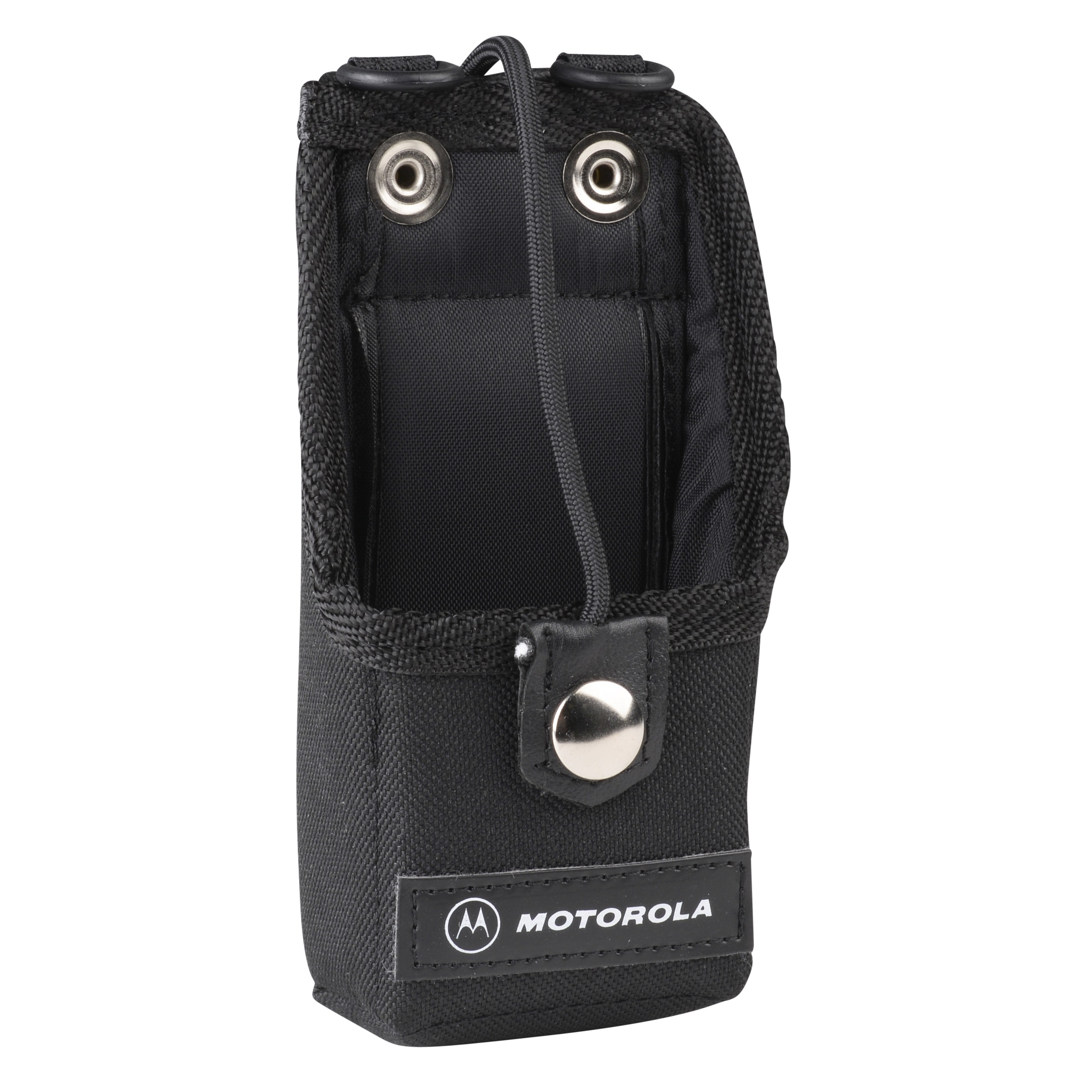 Schwarze Tasche für Funkgerät mit offenem oberen Teil und Knopfverschluss.