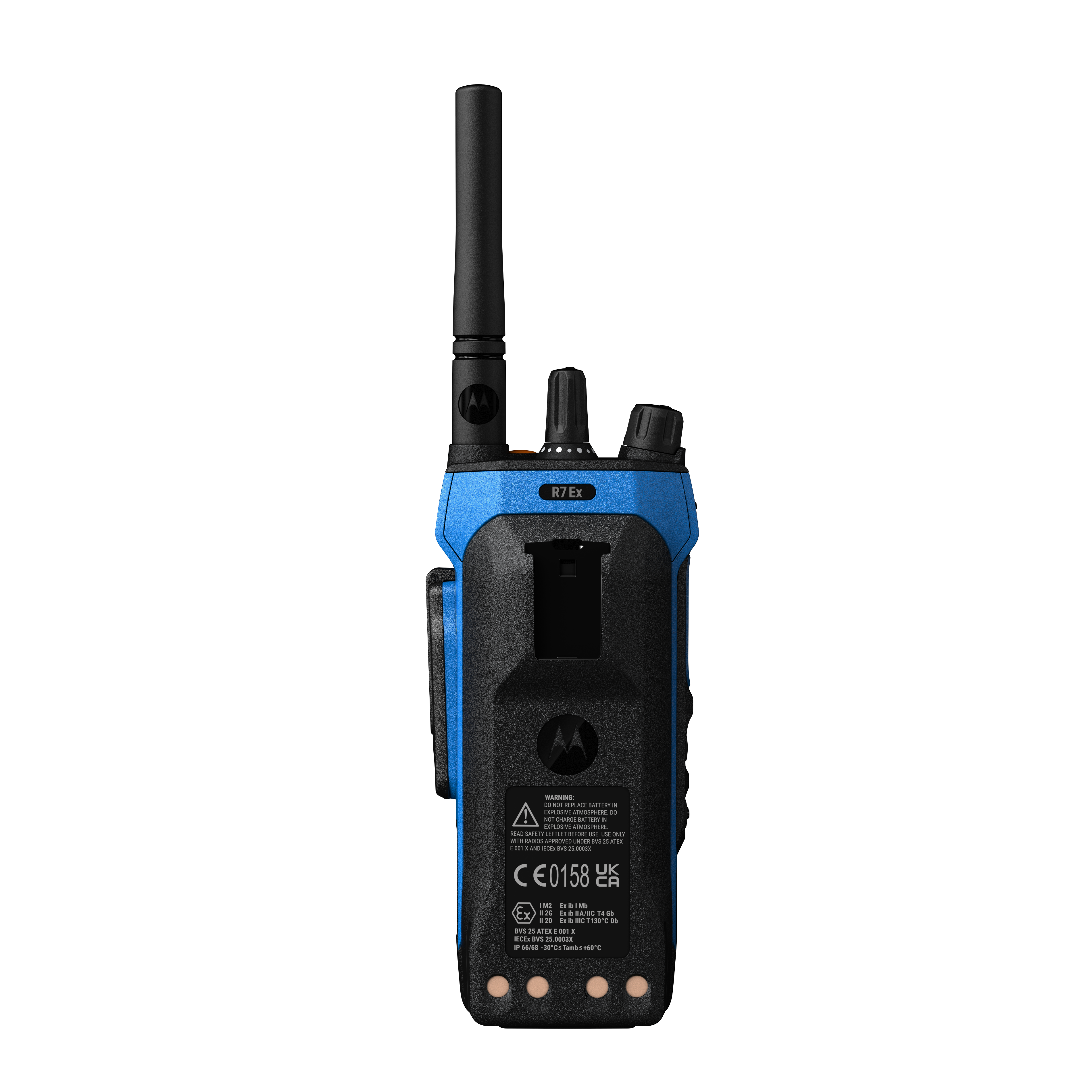 Back of a blue walkie-talkie with antenna and two control knobs.