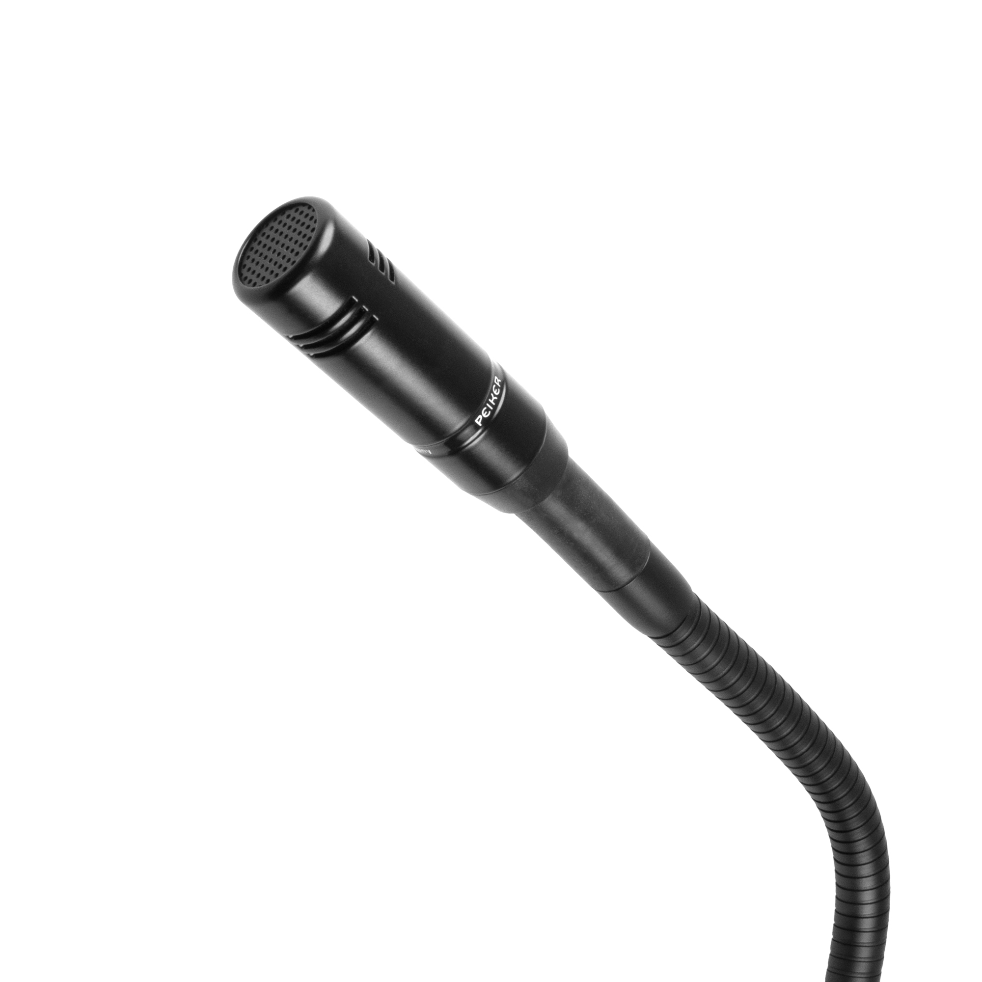 Black gooseneck microphone against a white background.