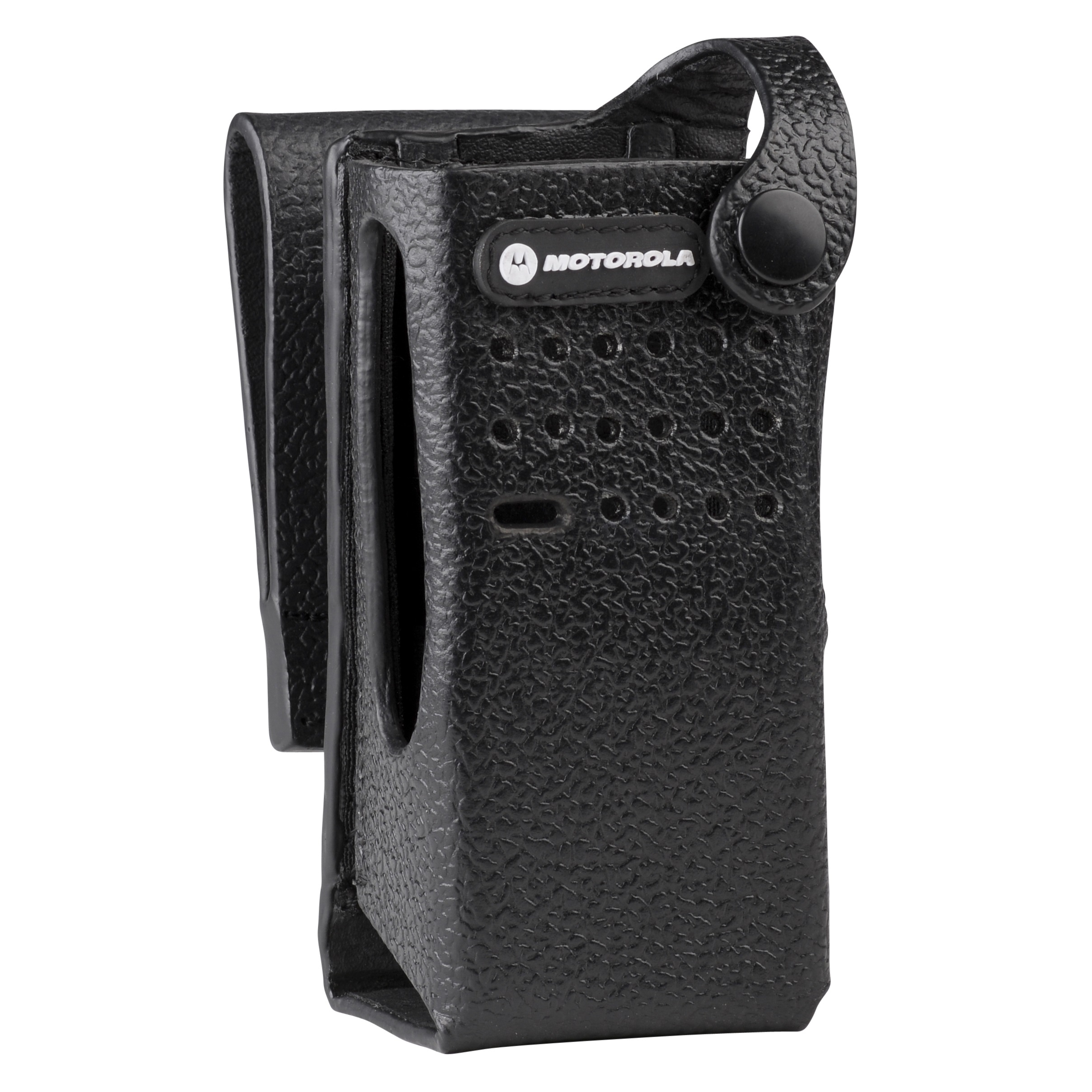 Black leather case with perforated front and snap-button closure.