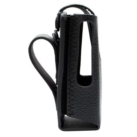 Schwarzes Lederetui mit offenem Design, seitlicher Riemen.