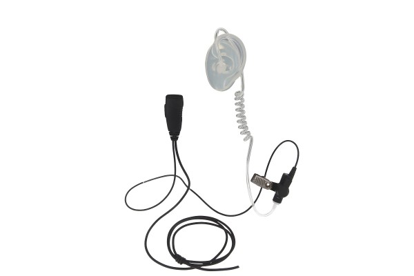 Earpiece with transparent tube and black clip.