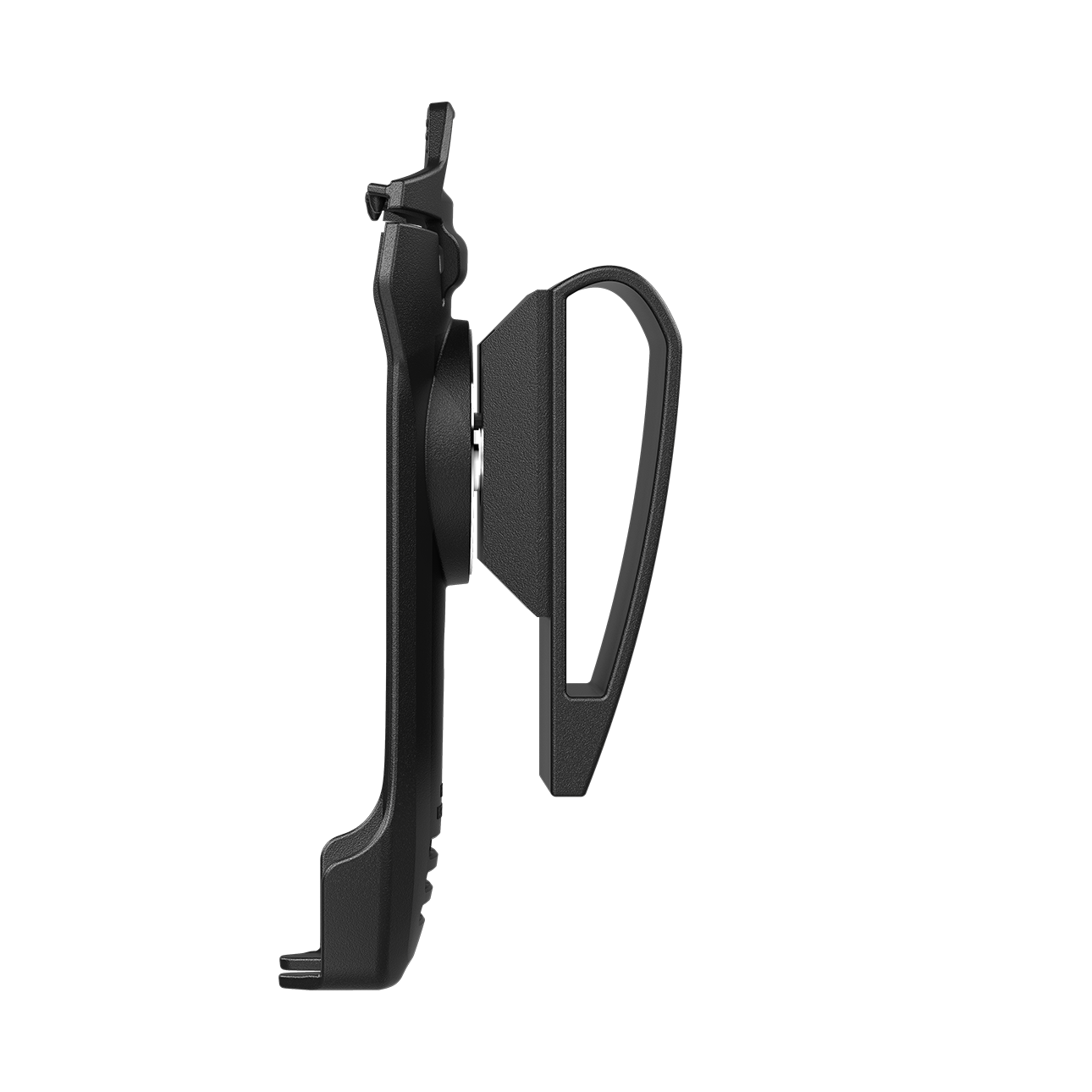 Side view of a black phone holder with attachment clip.