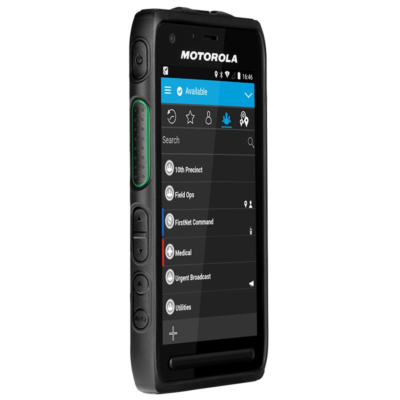 Rugged smartphone with function apps on black casing.