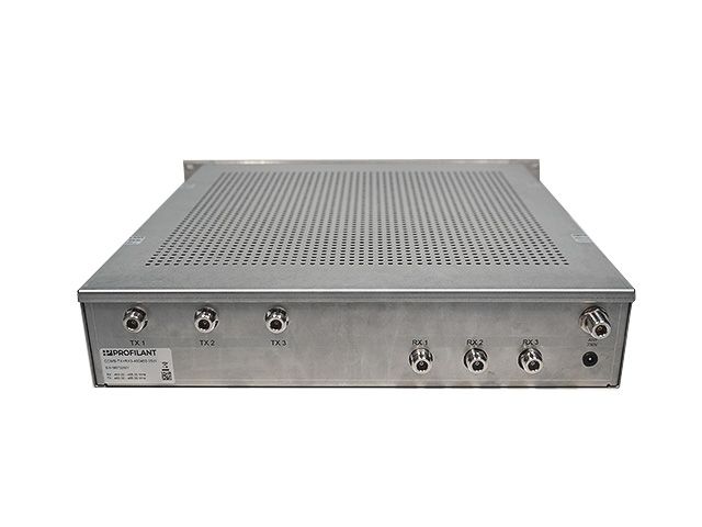 Metal enclosure with six coaxial connector ports on the front.