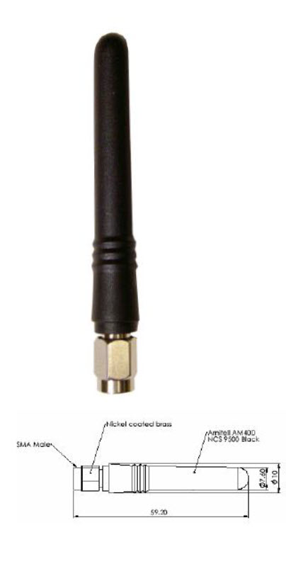 Schwarze Antenne mit SMA-Stecker und technischer Zeichnung.
