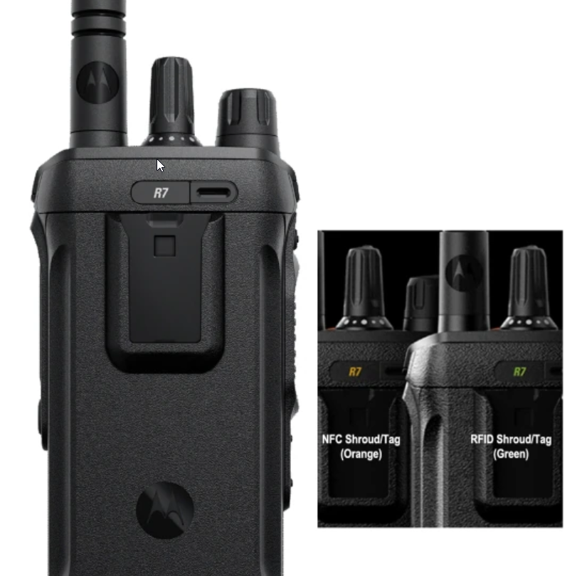 Funkgerät R7 mit Drehreglern, NFC und RFID Tags in Orange und Grün.