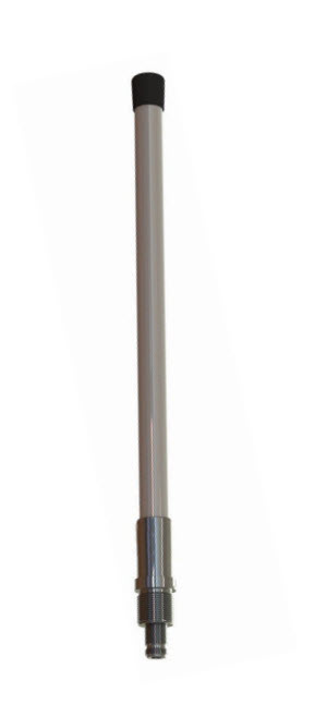 Long, slender antenna with black cap and metal thread.