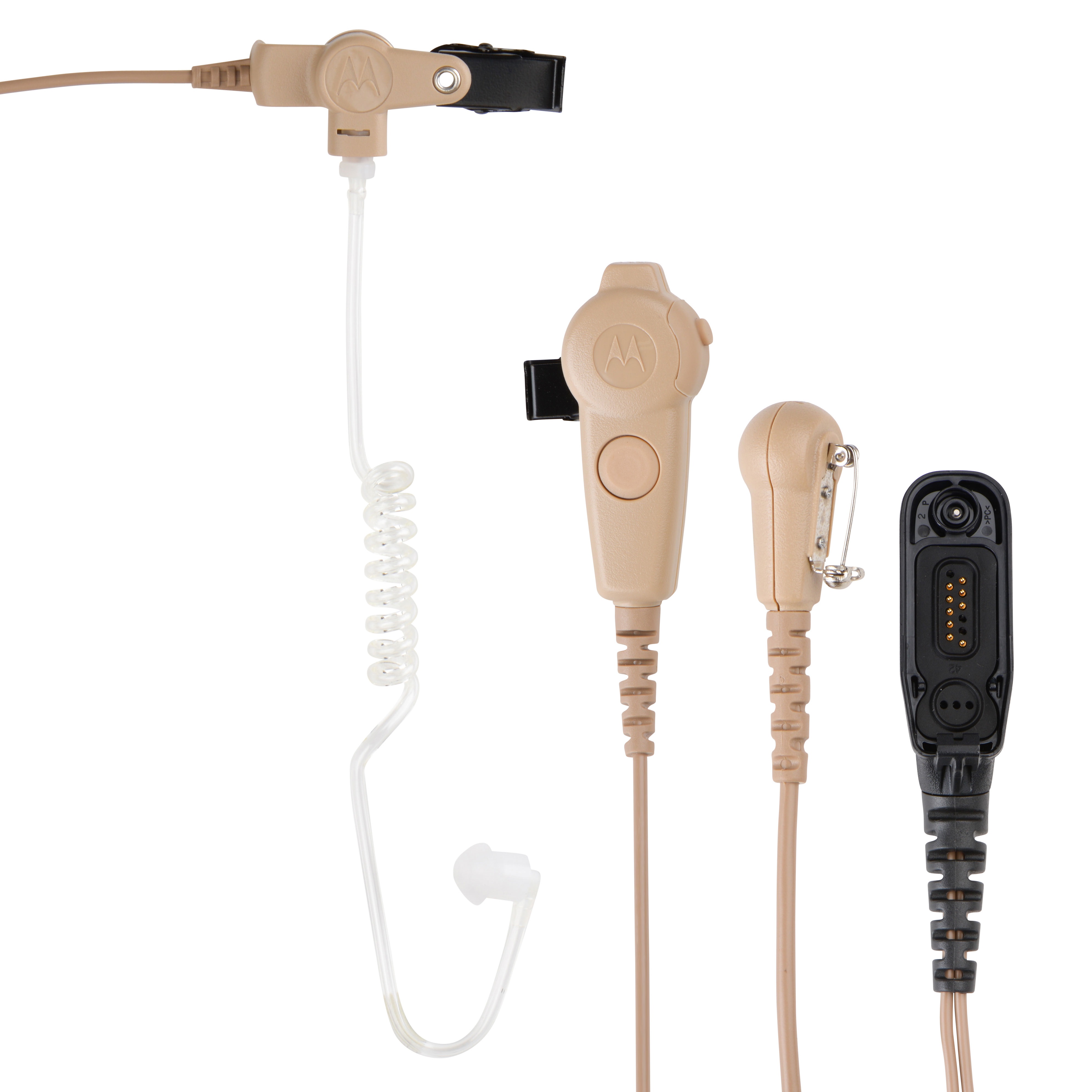 Biegeohrhörer und Mikrofon mit beige Kabel und schwarzem Stecker