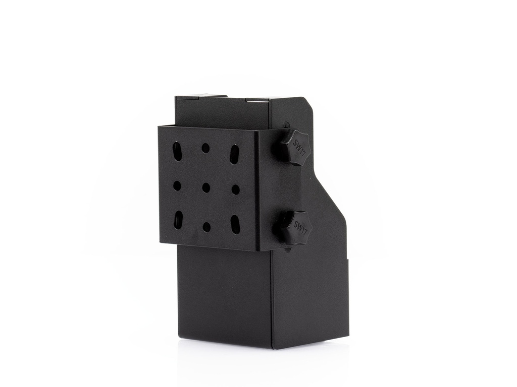 Schwarzes Kunststoffgehäuse mit Lüftungsschlitzen und Befestigungsknöpfen.