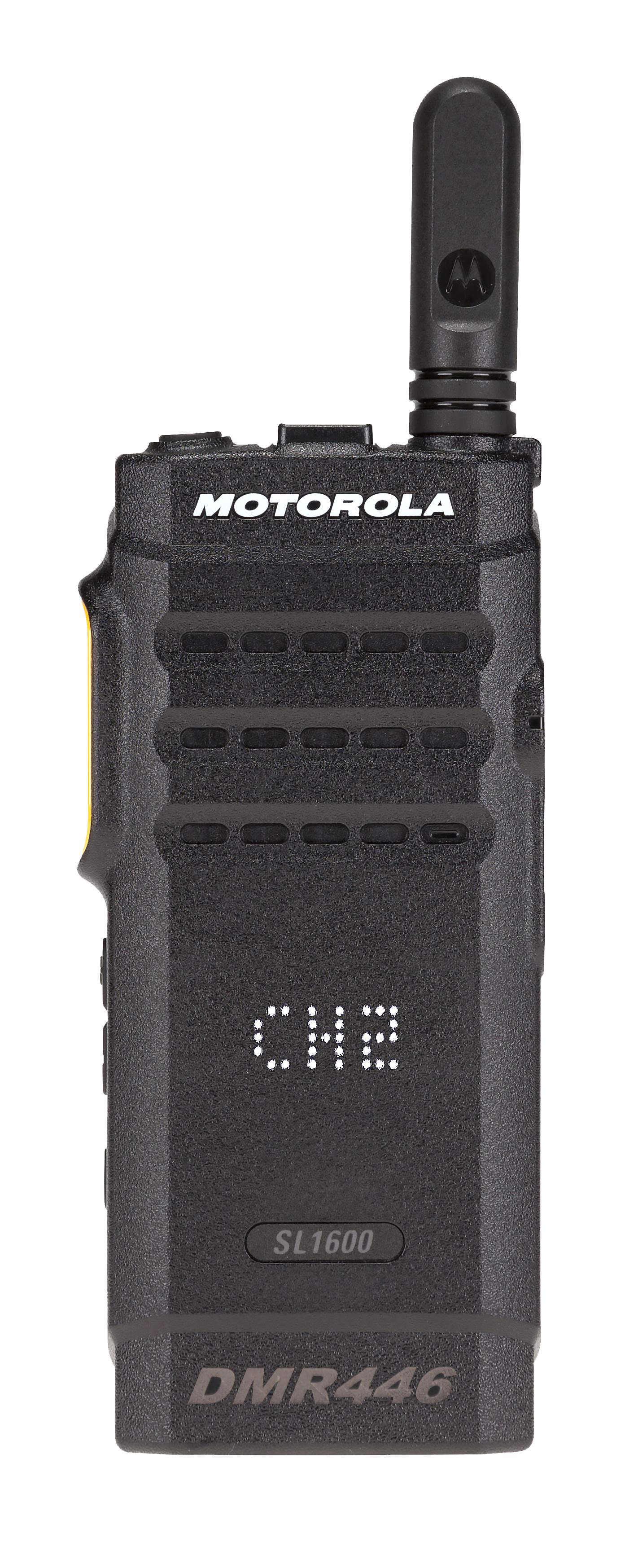 Compact walkie-talkie with display showing 'CH2', sleek design.