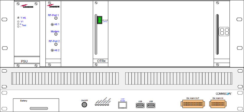 7000_00758052_AND_01.png Technical rack with PSU, OTRx, and alarm connectors.