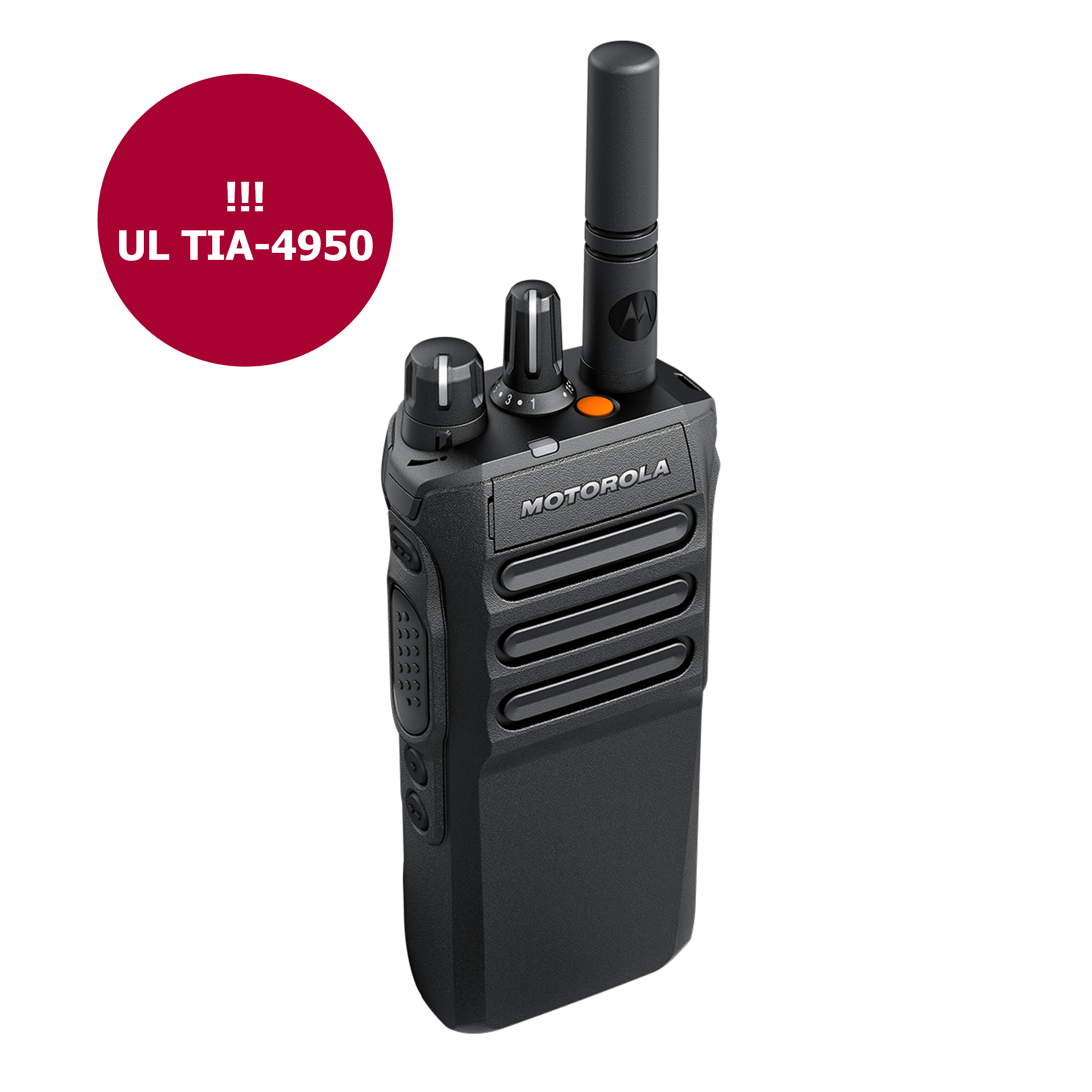 Schwarzes Funkgerät mit TIA-4950-Zertifizierung und Motorola-Logo.