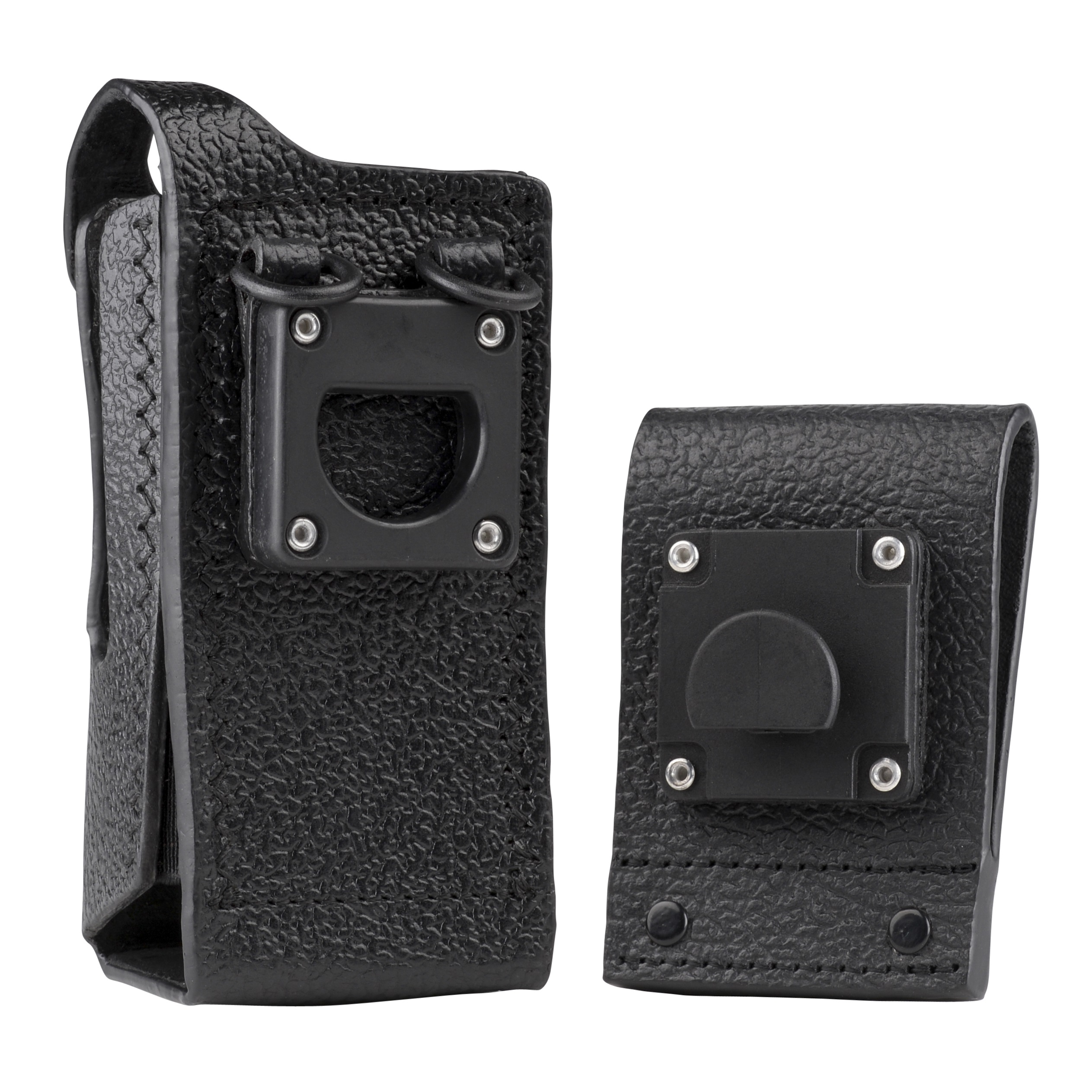 Zwei schwarze Lederetuis mit Gürtelclip und Metallteilen.
