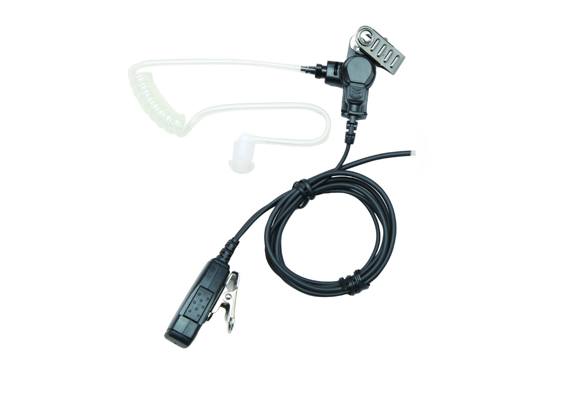 Transparent earpiece cable with microphone and metal clip.