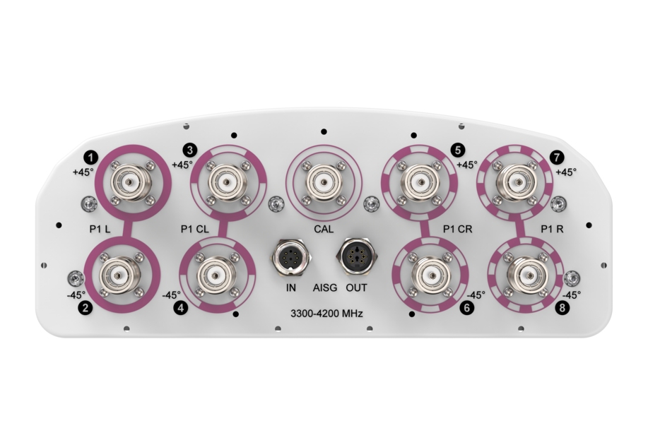 Antenna with eight connectors and two sockets, 3300-4200 MHz, forward angle +45/-45 degrees.