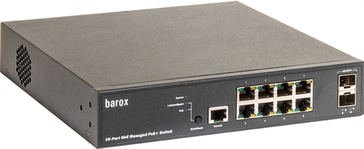 A 10-port gigabit Ethernet switch with two SFP ports and LED indicators.